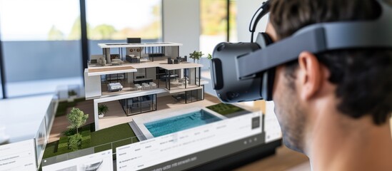 Person wearing a VR headset and exploring virtual real estate properties and architectural designs, VR technology for immersive property tours and visualization in the real estate industry