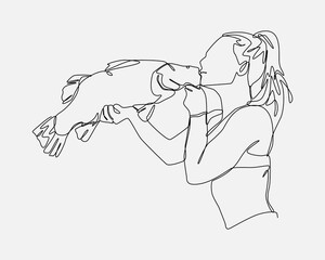 beautiful girl kissing fish in continuous one line drawing style. love fishing, sea food. editable stroke. vector illustration.
