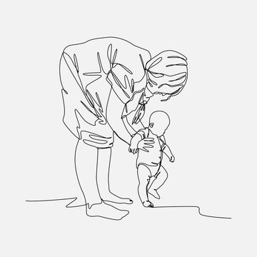 recommend clip art: Mom teaching baby to walk in continuous one line drawing style. editable stroke. vector illustration.