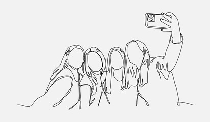 four friends taking a selfie together using a smartphone. beautiful young teenage girl. editable stroke. vector illustration.