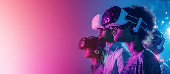 People wearing VR headsets and interacting with friends and family in a virtual social environment,