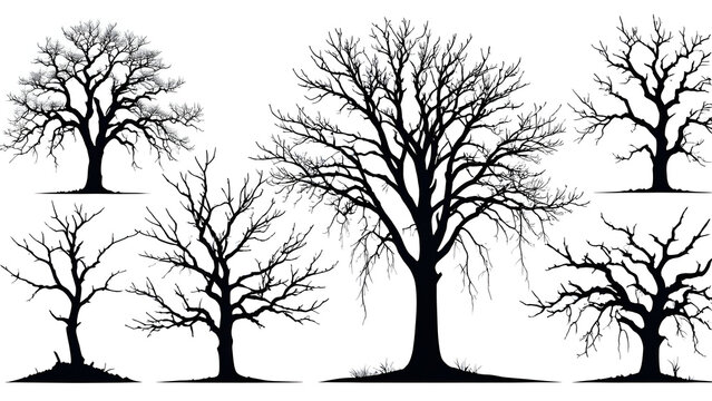 vector collection of dry trees. set of tree silhouettes.