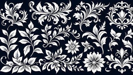 vector, collection, floral, ornament, dark background, botanical, decorative, elegant, design, illustration, intricate, vintage, pattern, ornate, stylish, modern, detailed, classic, sophisticated, lux