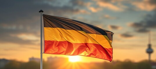 German flag on house corner, symbolizing patriotism against blurred sunny background