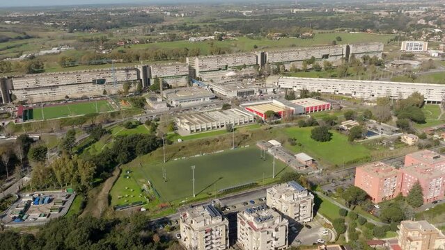 Aerial view of Nuovo Corviale known as "il Serpentone" (the Great Snake) due to its length. It is a residential complex in Rome, Italy, located in the south-western outskirts of the capital.