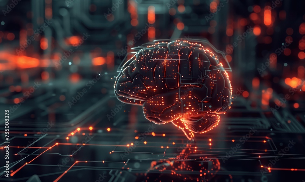 Aufkleber glowing human or robotic futuristic brain in cyberspace on grey digital background as a symbol of fu