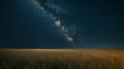 Fototapeta na wymiar A high-quality photo of a field in the foreground, with a clear view of the Milky Way galaxy in the background.