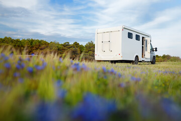 Fototapeta premium View of a large mobile home (design of van was changed during post processing ) parked in blooming meadow. Family vacation travel RV. Travel and adventure. Go everywhere