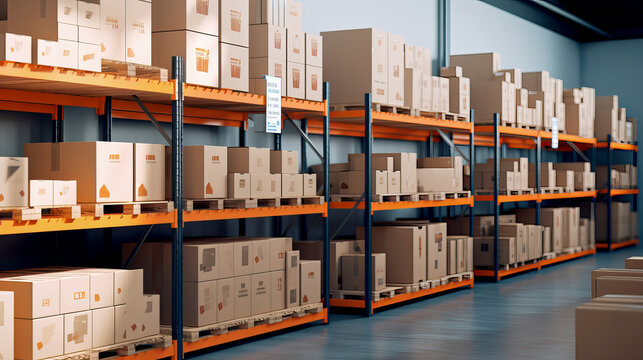 Distribution center with box packaging on shelves. Large warehouse with packaged goods. Ai art