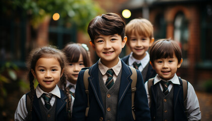 Smiling children in school uniforms, outdoors, looking at camera generated by AI