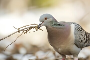 dove carrying a small twig in its beak in spring