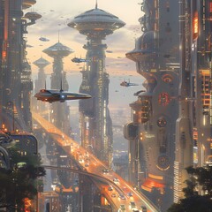 Futuristic Cityscape at Twilight with Hovering Vehicles and Skyscrapers
