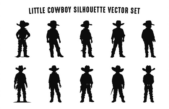 Little Cowboy Silhouettes Vector Set, Small American Cowboy black Silhouette bundle