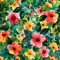 Vibrant Floral Pattern: Hand-Painted Blooms and Lush Foliage
