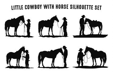 Little Cowboy with Horse Silhouettes Vector Set, American Small Cowboys with horses black Silhouette bundle