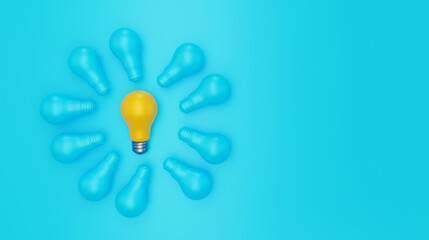 Yellow Bulb Gleams Atop a Cluster of Blue 3D Bulbs