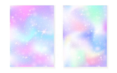 Magic background with princess rainbow gradient. Kawaii unicorn hologram. Holographic fairy set. Bright fantasy cover. Magic background with sparkles and stars for cute girl party invitation.