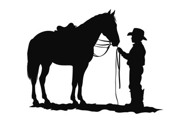 A Little Cowboy with horse black silhouette vector isolated on a white background