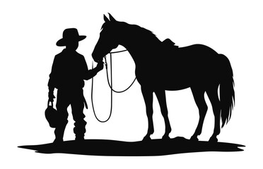 A Little Cowboy with horse black silhouette vector isolated on a white background