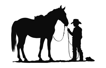 A Little Cowboy with horse black silhouette vector isolated on a white background