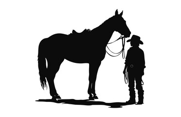 A Little Cowboy with horse black silhouette vector isolated on a white background