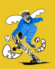 Naklejka premium Energetic senior emotional man in blue clothes riding on skateboard against yellow background with doodles. Contemporary art collage. Concept of aging, fashion, surrealism, acceptance. Colorful poster