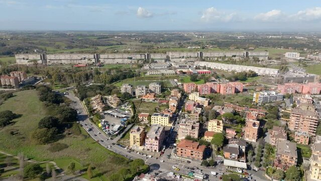 Aerial view of Nuovo Corviale known as "il Serpentone" (the Great Snake) due to its length. It is a residential complex in Rome, Italy, located in the south-western outskirts of the capital.