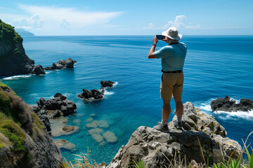 Man Capturing Breathtaking Ocean View with Smartphone from High Point
