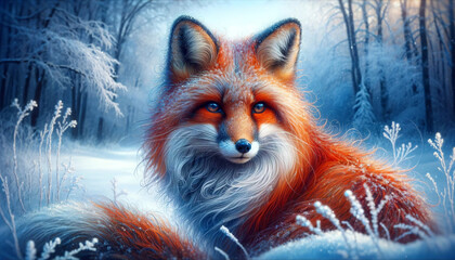 An enchanting digital art depiction of a red fox in a snowy forest, with vivid blue eyes and lush fur highlighted by the frosty environment.Animal representation concept.AI generated. - obrazy, fototapety, plakaty
