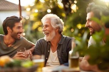 Happy Senior Father and Adult Son Sharing a Toast at an Outdoor Gathering - obrazy, fototapety, plakaty