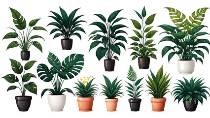 plants in pots. vector collection of plants on white background. Collection trendy plants and nature homemade flowers in pot interior decoration in flat style. Vector illustration on white background - obrazy, fototapety, plakaty