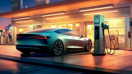 EV charging station for electric car. Electric vehicle car is being charged. Ai art