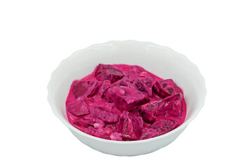 Red beet salad made with red beetroots, yogurt, vinegar, garlic and salt