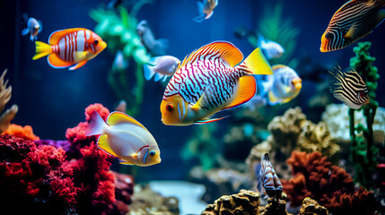 Naklejka na ściany i meble Tropical colorful fish in an aquarium with seaweed. High quality photo