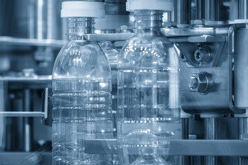 The  empty drinking water bottles  on the conveyor belt for filling process.