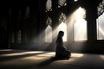 Muslim woman praying in the mosque with rays of light coming through the window. spirituality. prayer place. islamic faith. religious acts. - obrazy, fototapety, plakaty