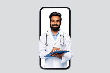 Indian male doctor with clipboard in smartphone frame