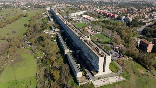 Aerial view of Nuovo Corviale known as "il Serpentone" (the Great Snake) due to its length. It is a residential complex in Rome, Italy, located in the south-western outskirts of the capital.
