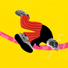 Elderly person breakdancing upside down with stylish sneakers on yellow background. Contemporary...
