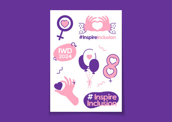 A set of stickers for a social event - #Inspireinclusion. 2024 International Women's Day. Female symbols, attributes: the shape of a heart hands, venus mirror. Vector illustration.