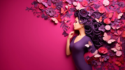 A woman with striking purple curls stands amidst a lush floral setting, her presence complemented by whimsical butterflies, symbolizing transformation and the fleeting beauty of nature.