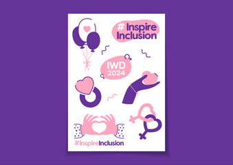 A set of stickers for a social event - #Inspireinclusion. 2024 International Women's Day. Female symbols, attributes: the shape of a heart hands, venus mirror. Vector illustration.