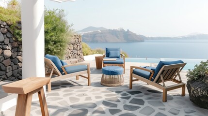 Fototapeta premium A tranquil resort terrace featuring comfortable seating and a stunning view of the Aegean Sea captured under clear skies.