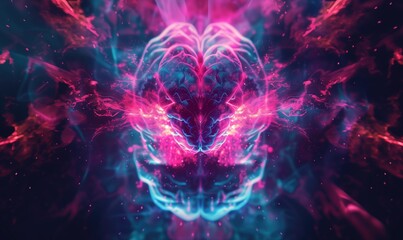 Glowing human or robotic futuristic brainstorm brain in cyberspace on dark navy  digital background as a symbol of future artificial intelligence learning technology - obrazy, fototapety, plakaty