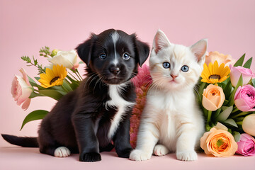 Fototapeta na wymiar A puppy and a kitten smiling with a bouquet of flowers. Generative AI