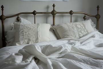 wroughtiron bed with white linen and lace