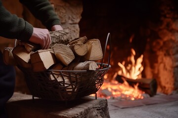 placing logs into a metal basket by a crackling hearth