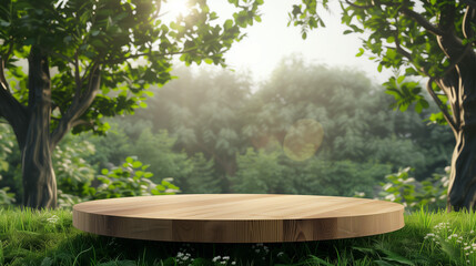 Tree Table wood Podium in farm display for food, perfume, and other products on nature background