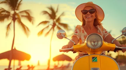 Foto op Plexiglas Joyful senior woman on yellow scooter in italy, trendy bike road trip, enjoying summer vacation © Ilja