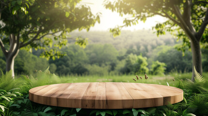 Tree Table wood Podium in farm display for food, perfume, and other products on nature background